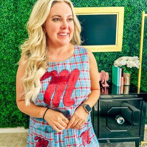 Queen of Sparkles Ole Miss Powder Blue Plaid Mascot Cutout Two-Piece Set